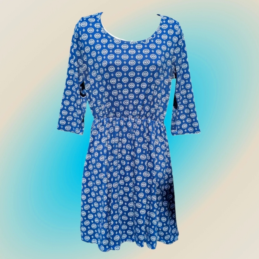 French Grey A-line Blue and White Patterned Dress